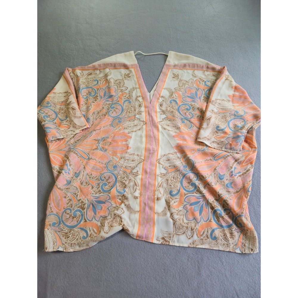 Rose + Olive Kimono Top Womens Large Orange Blue Paisley V-Neck Dolman Blouse